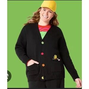 HARIBO Button Up Cardigan Sweater Multicolored Bear Pockets Black XS Extra Small